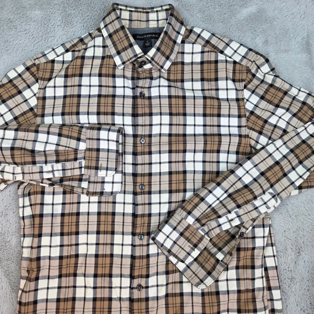 Banana Republic Plaid Button Down Shirt Men S Long Sleeve Cotton Brown Tan White